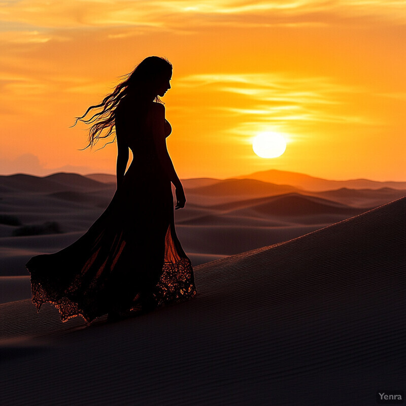 A woman stands on top of a sand dune, gazing out at the desert landscape during sunset.