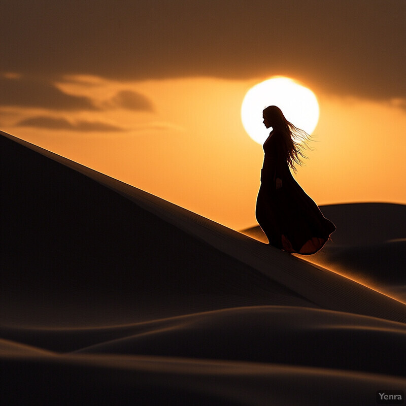 A woman stands on top of a sand dune at sunset or sunrise, looking out towards the horizon.