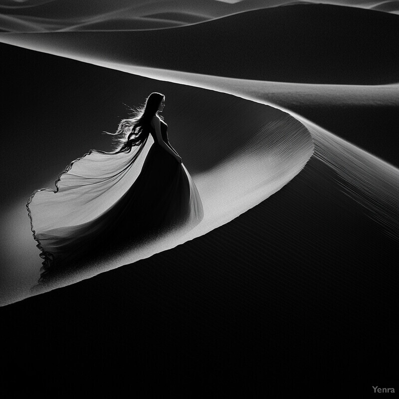 A woman stands in a desert landscape, her dress billowing around her legs.