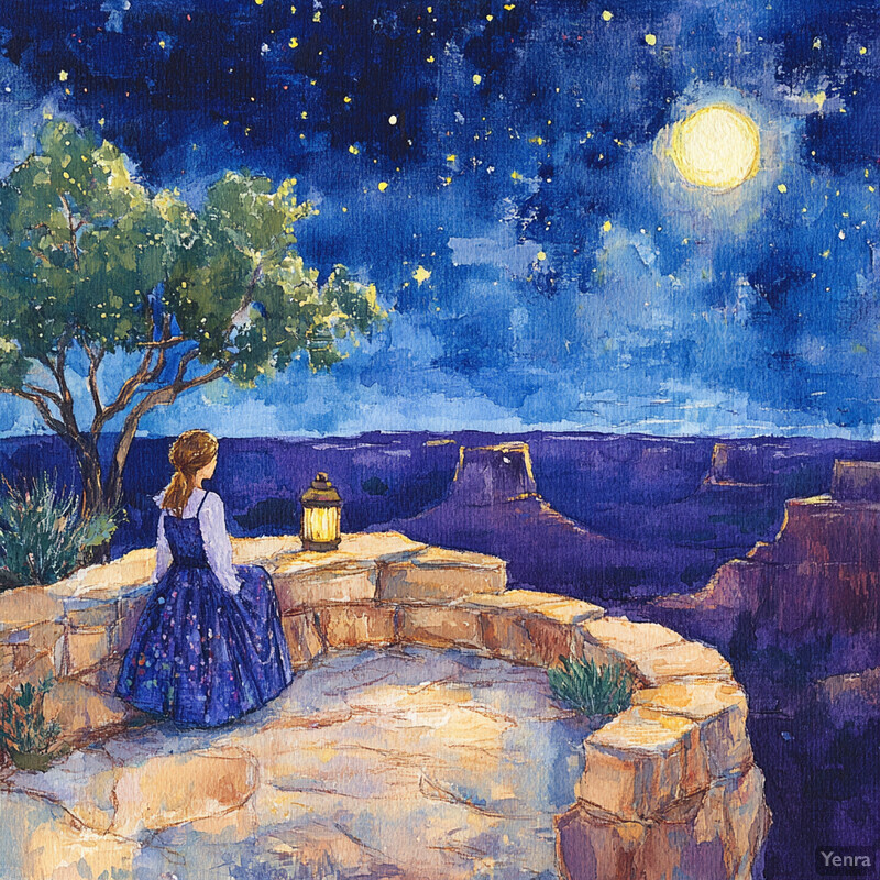 A woman sits on a rocky outcropping, gazing up at the night sky, surrounded by natural beauty and symbols from various cultures.