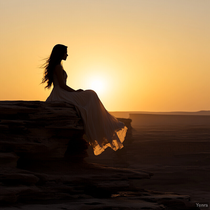 A woman sits on a rocky outcropping at sunset, surrounded by a serene and peaceful atmosphere.