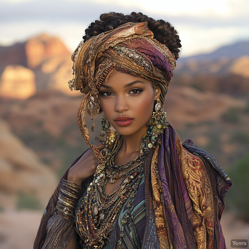 A woman in a purple dress with intricate patterns, adorned with necklaces and earrings, posing confidently against a blurred desert backdrop.