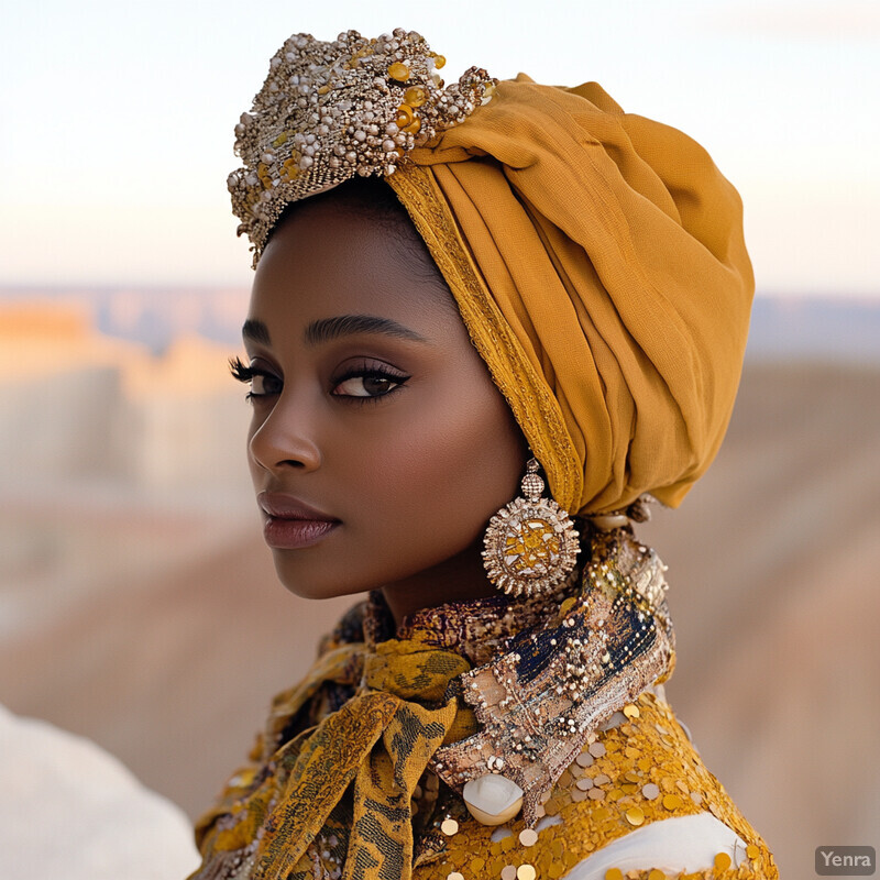 A close-up view of a woman's face with her head wrapped in a yellow turban adorned with beading and sequins.