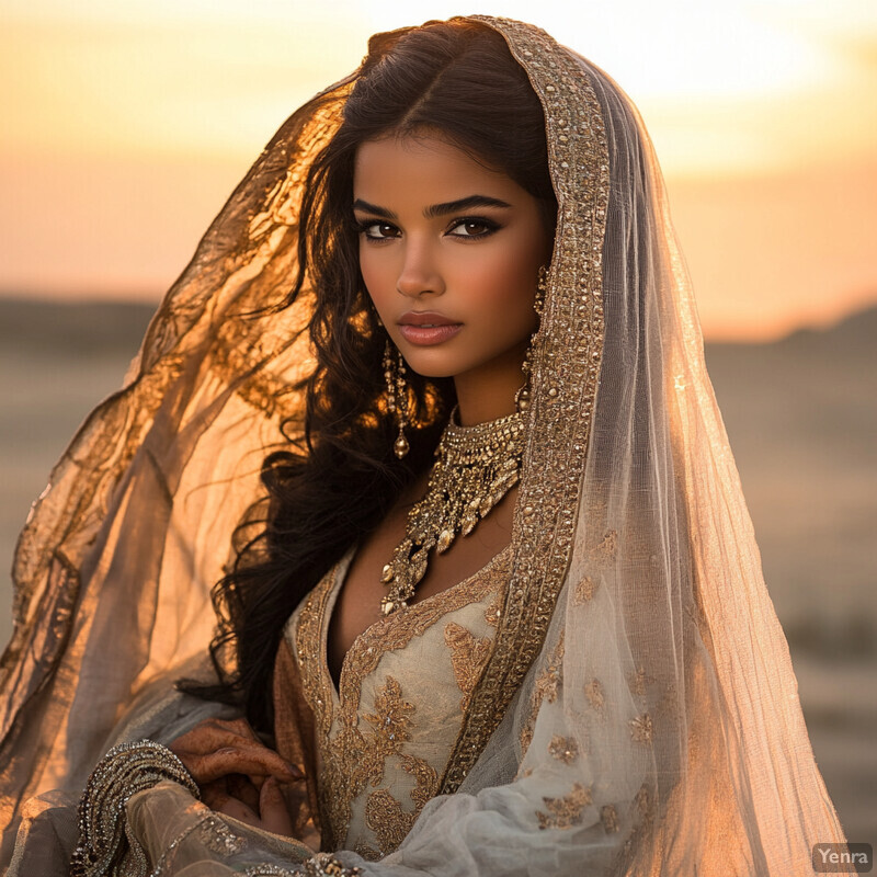 A woman in traditional Indian attire stands outdoors with a veil covering her head.