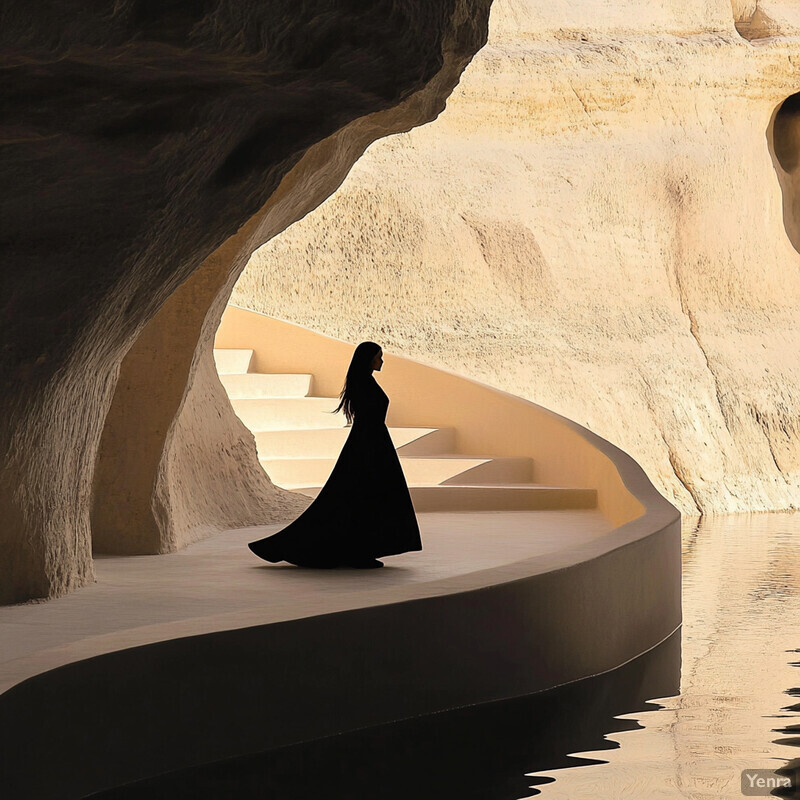 A woman stands on a curved platform near water, wearing a long black dress.