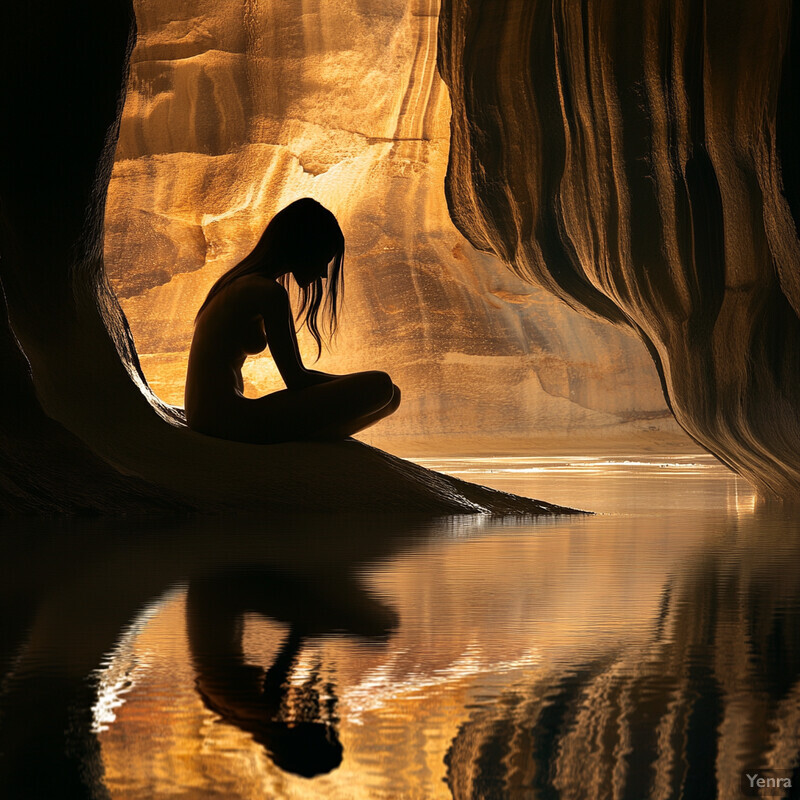 A woman sits on a rock in front of a cave, surrounded by greenery, exuding an air of tranquility and connection with nature.