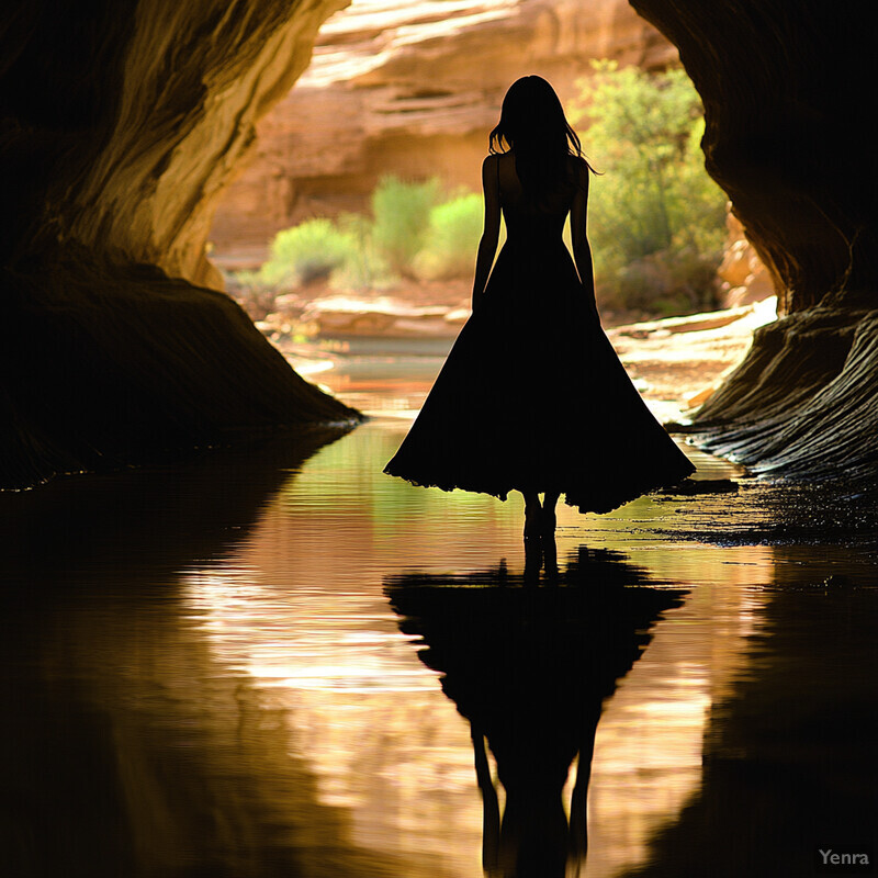 A woman stands in a cave, surrounded by vibrant colors and natural textures.