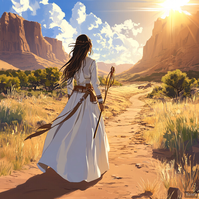 A serene landscape with a woman walking down a dirt road, holding a bow and arrow, surrounded by trees and mountains.