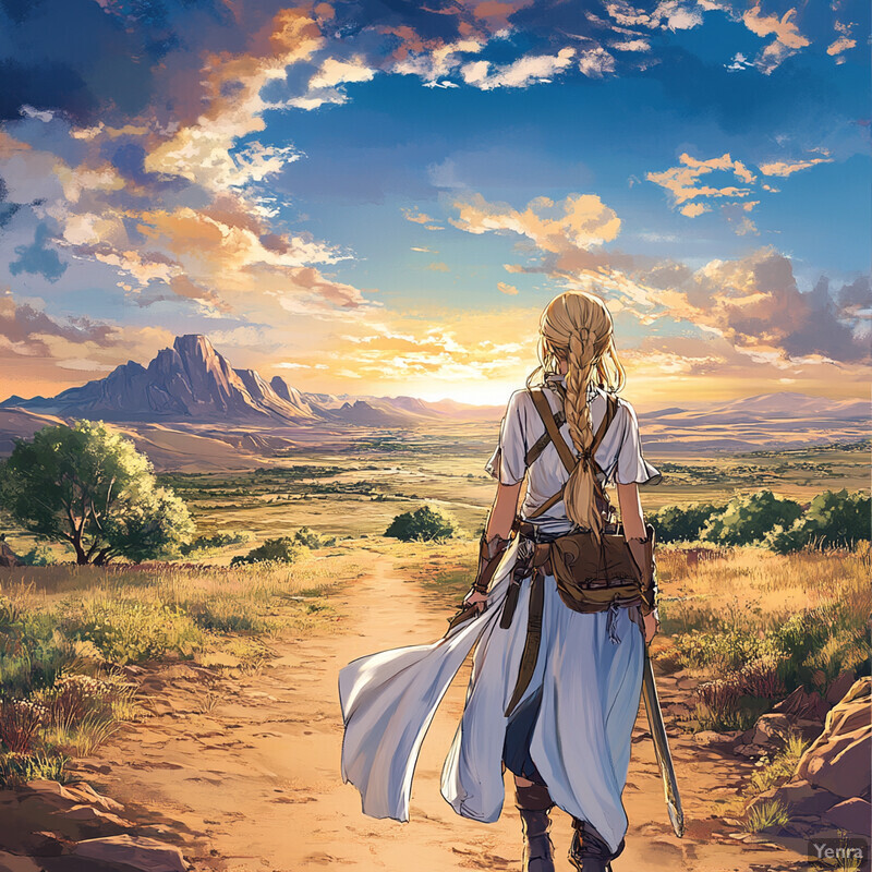 A woman walks down a dirt path in an open field with mountains in the distance and clouds in the sky.