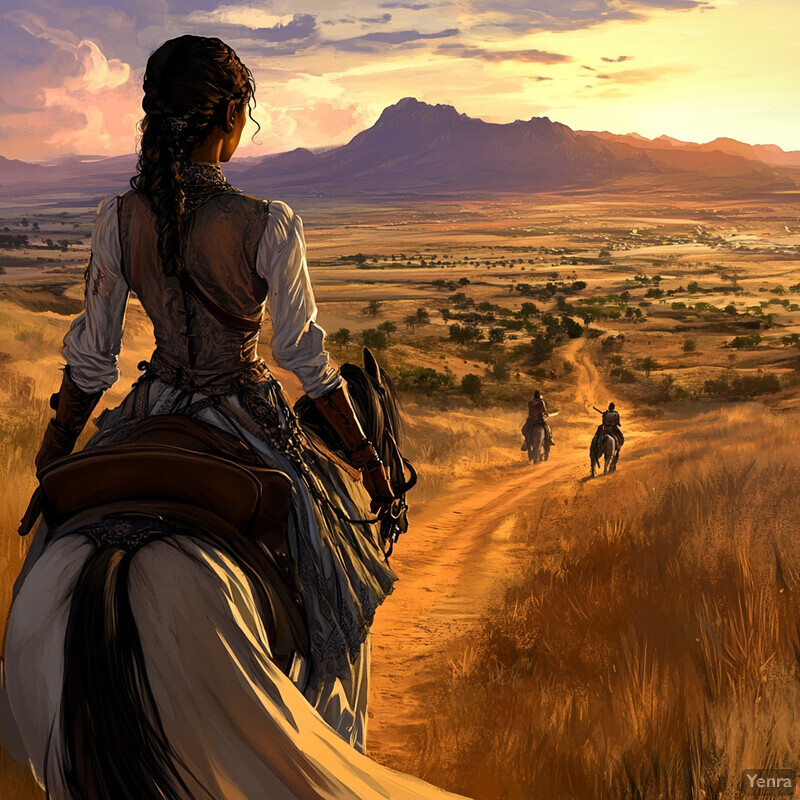 A woman and man travel through a rural area