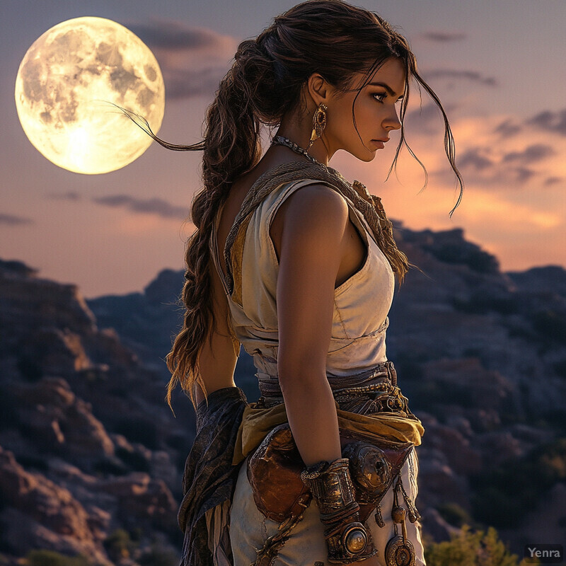 A woman stands in front of a rocky outcropping, gazing at the full moon.