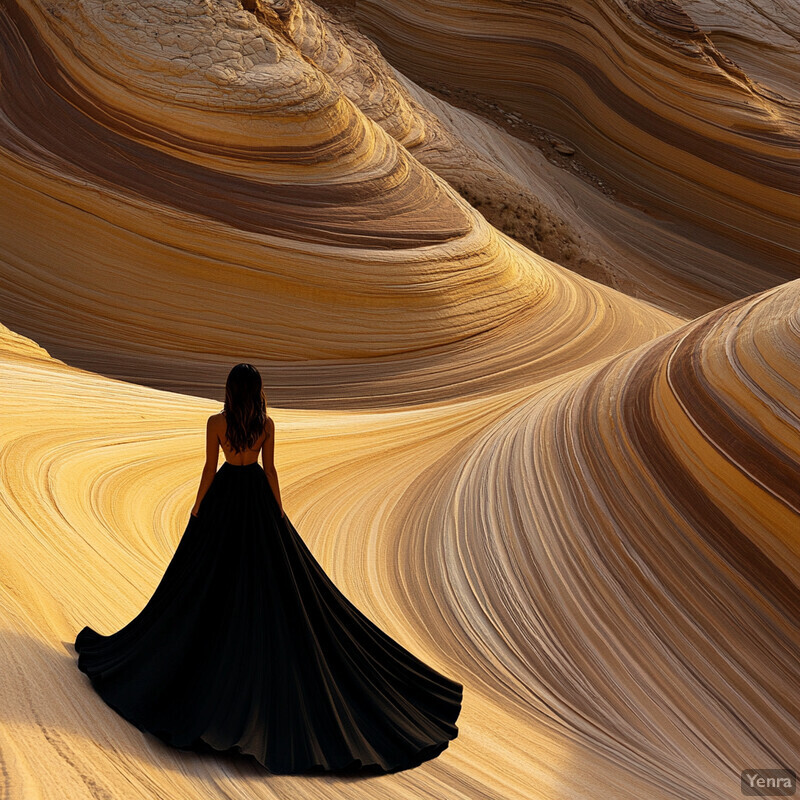 A woman in a long black dress stands in front of a sandstone rock formation with curved, wavy lines.