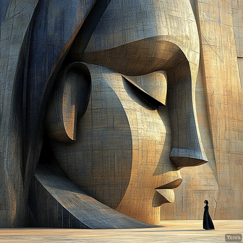 A stunning stone or concrete sculpture of a woman's face, set against a plain background and illuminated by natural light.