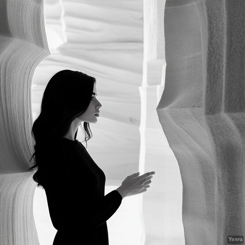 A woman stands in front of a wall or building, appearing contemplative.