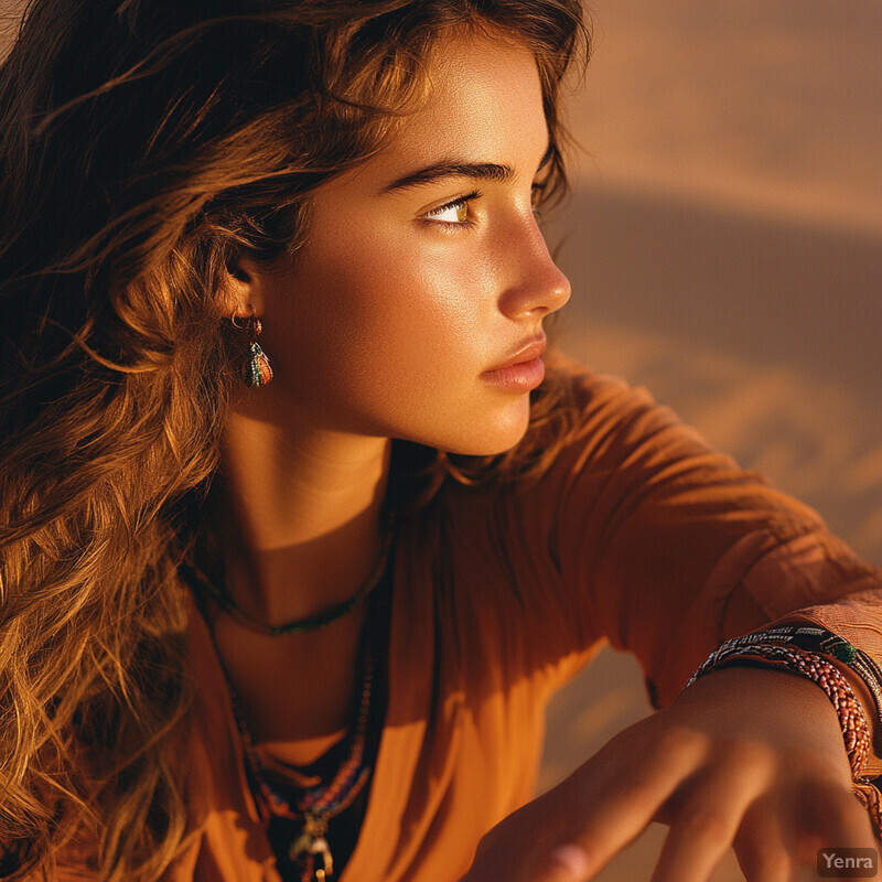 A young woman with long brown hair and a tan complexion gazes off to the right, wearing an orange top with multiple necklaces.