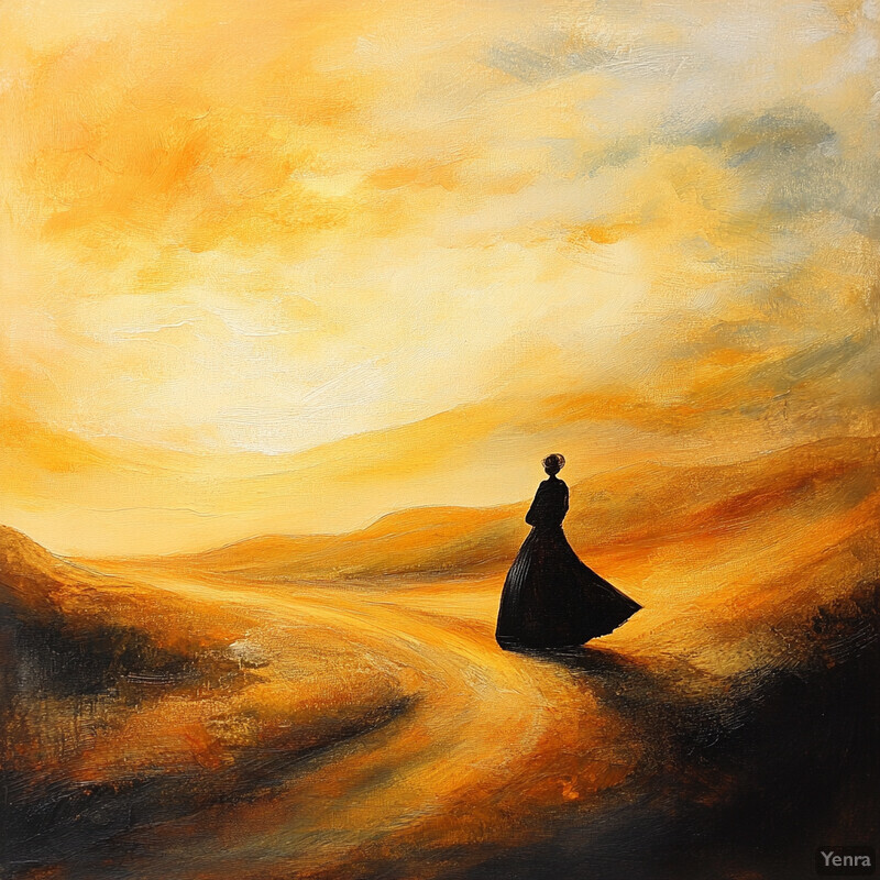 A woman in a long dress walks down a path in a vast landscape, lost in thought as she gazes out at the horizon.