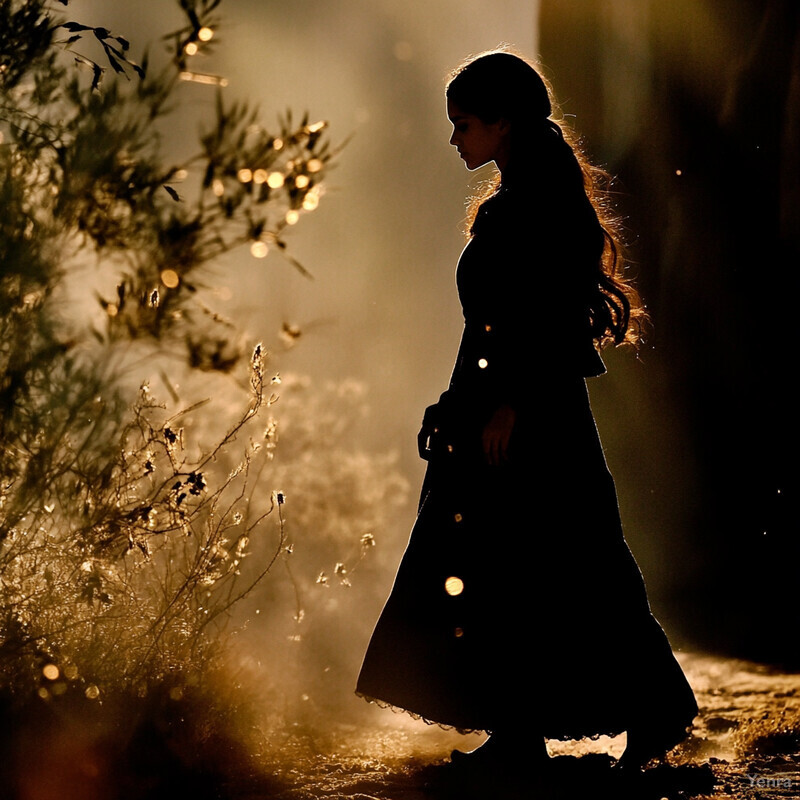 A woman stands on a dirt path surrounded by tall grasses, her head bowed in contemplation