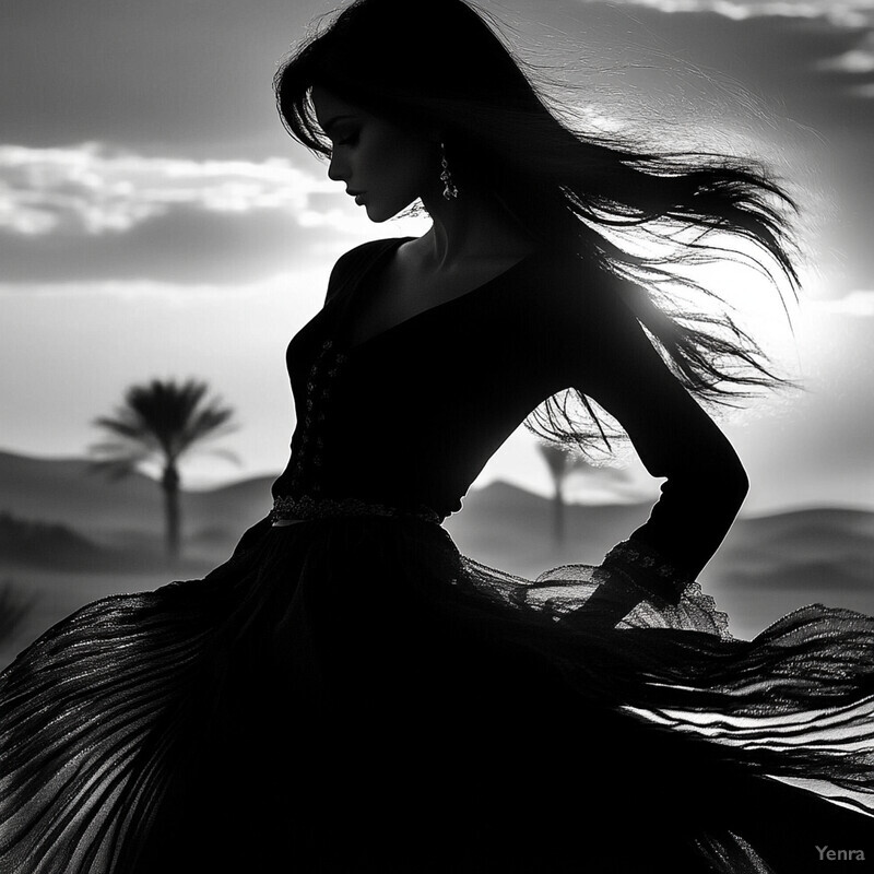 Woman in flowing dress standing in desert landscape