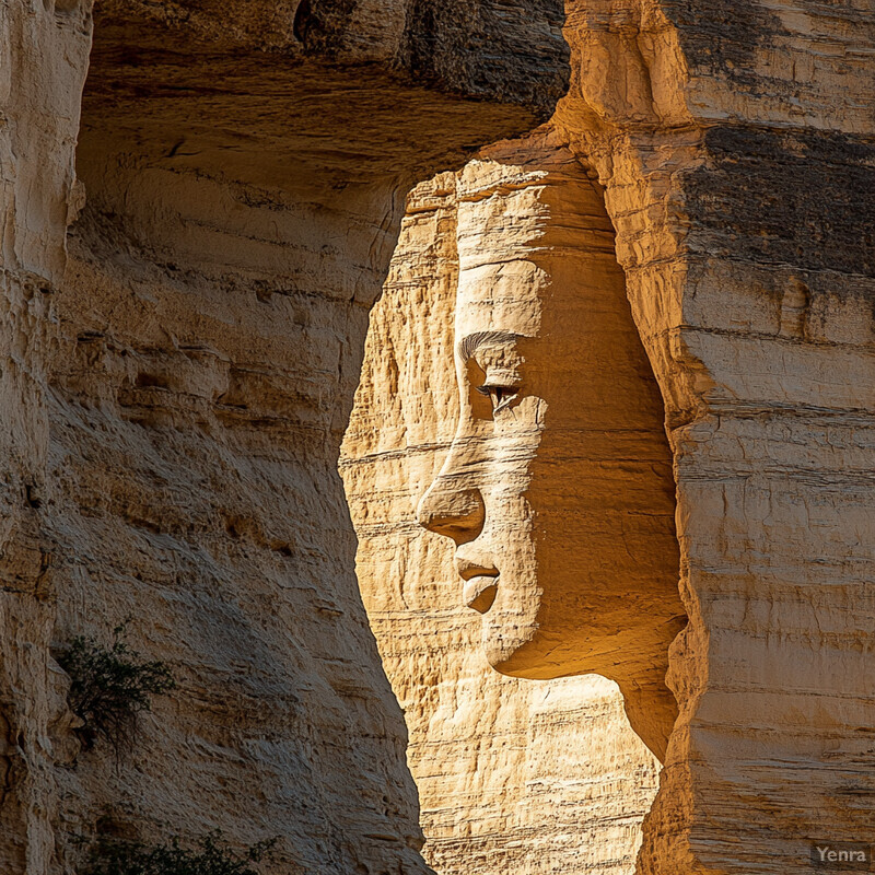 A striking rock formation resembling a face is carved into a cliff face, with an otherworldly appearance and contemplative expression.