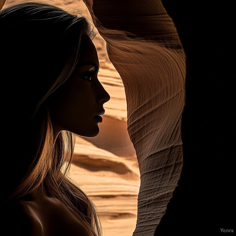 A woman stands in front of a sandstone wall, showcasing her striking appearance and the natural beauty of the surrounding environment.