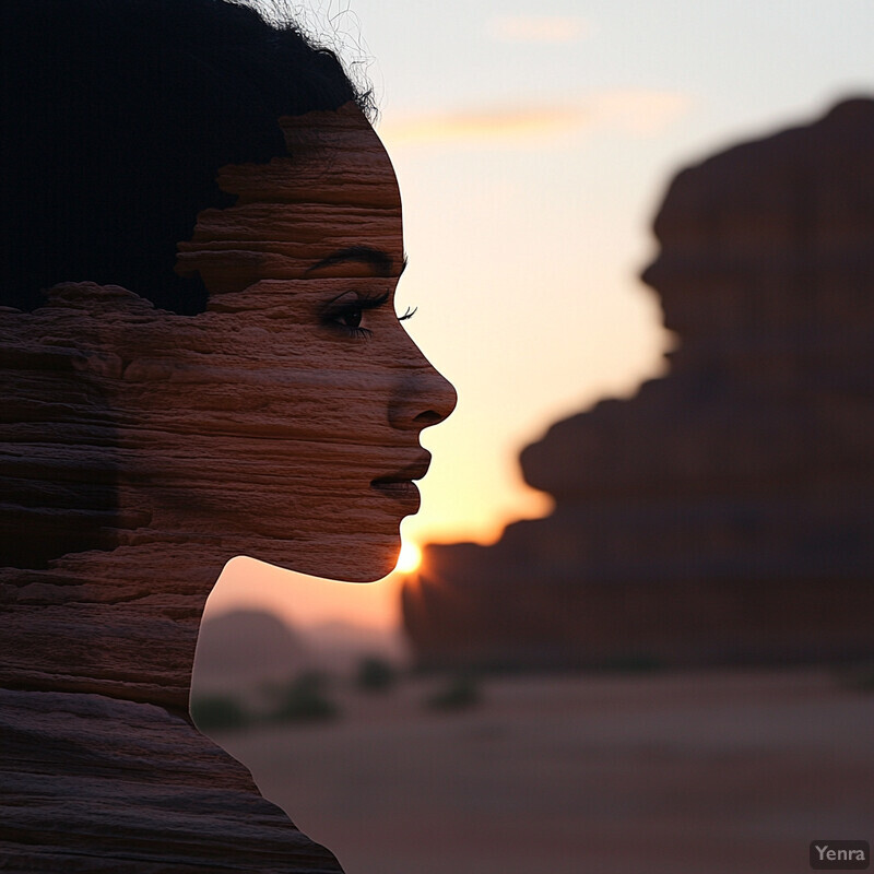 A woman's profile superimposed over an eroded rock formation at sunset or sunrise.