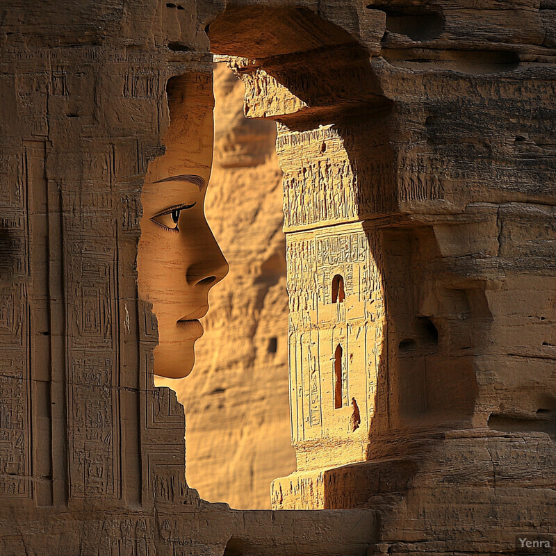 An ethereal scene featuring a stone carving of a face set against a warm tan background with intricate carvings.