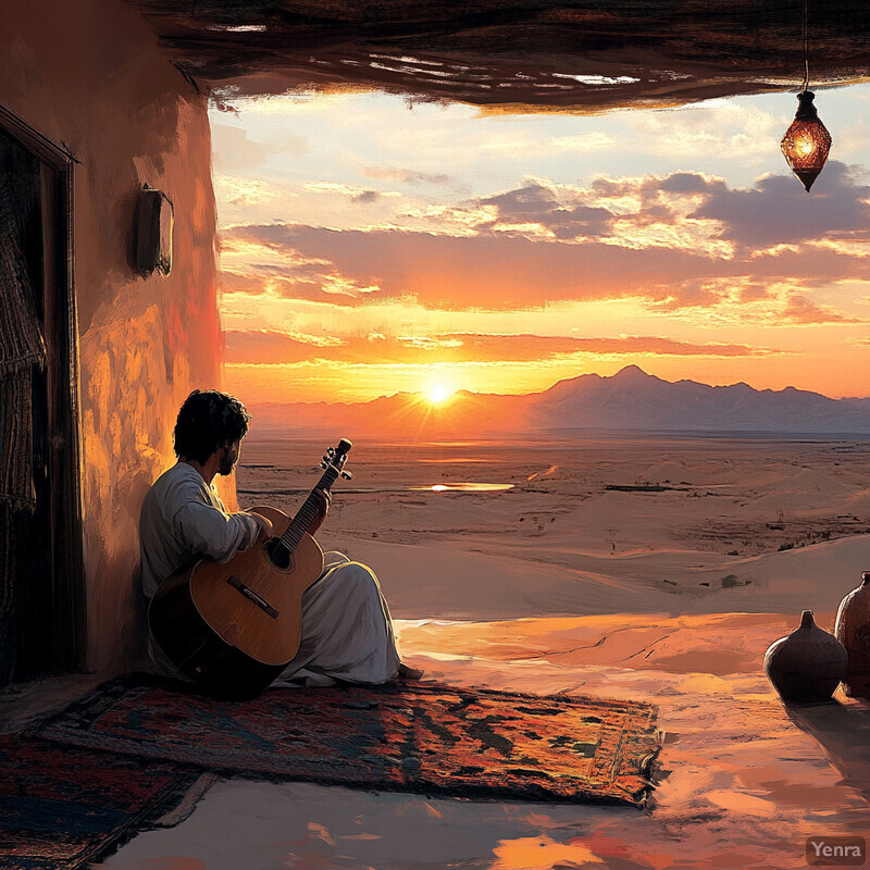 A man plays guitar while gazing at sunset