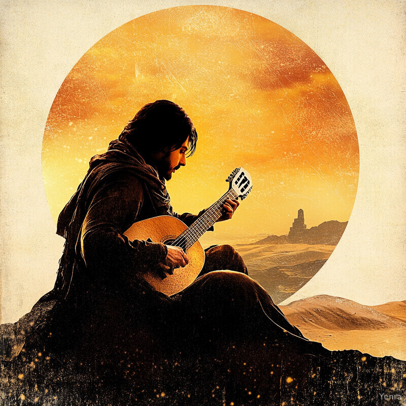 A man plays an acoustic guitar in front of a large yellow sun.