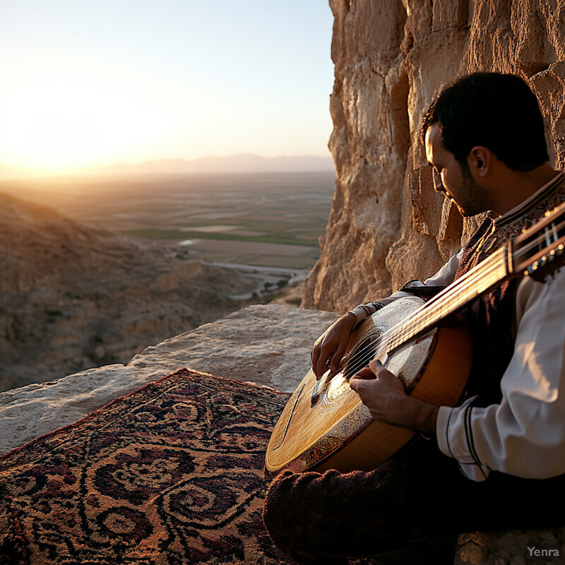 A man plays an oud on a rug against a rock wall while gazing out at a vast landscape