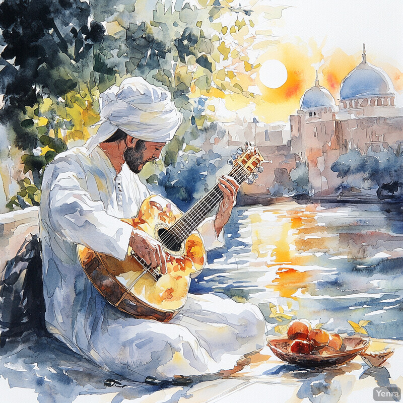 Watercolor painting of a man playing an acoustic guitar