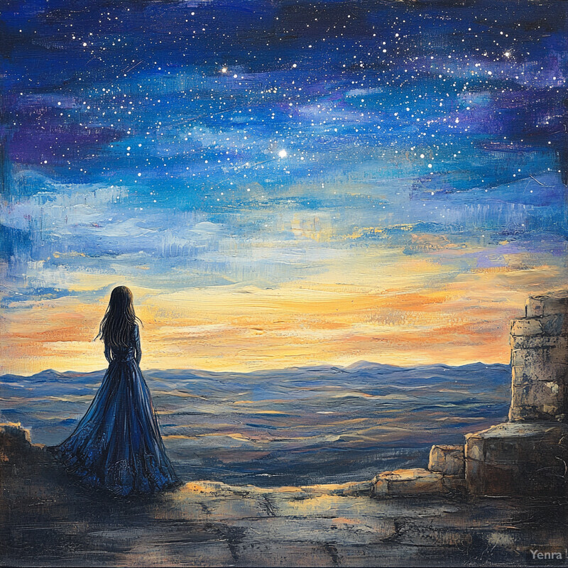 A woman standing on a cliff at sunset, gazing out towards the horizon.