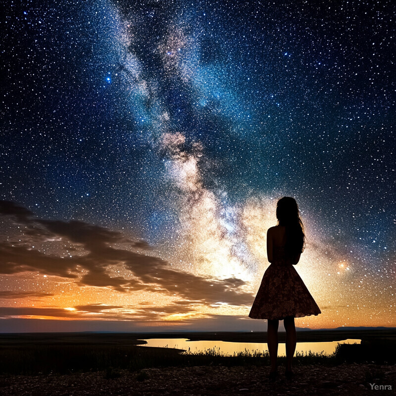 A woman stands on a rocky outcrop overlooking a body of water under a star-filled sky