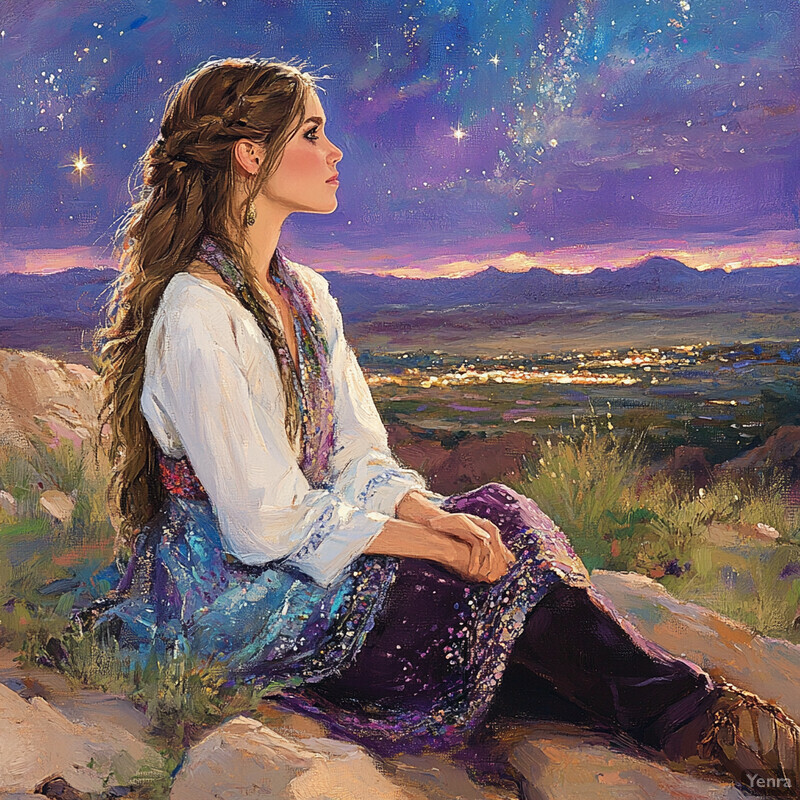 A woman sits on a rocky outcrop, gazing up at the stars in the night sky.