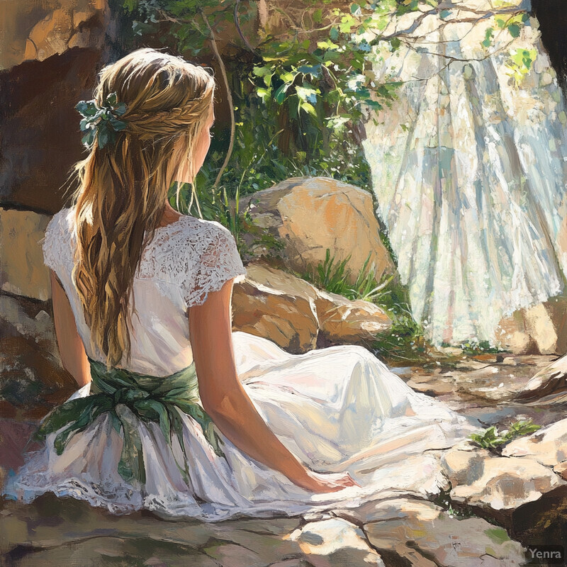 A young girl sits on a rock in front of a stone wall, surrounded by nature and bathed in sunlight.