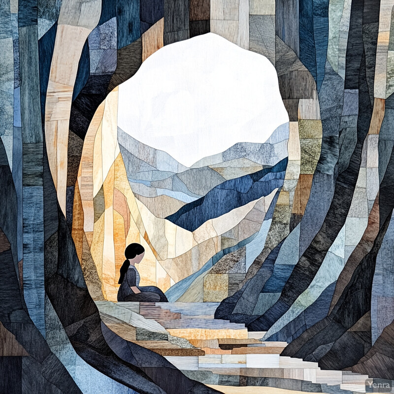 A woman sits in a cave surrounded by rocks, looking out at the vast expanse of the landscape beyond the entrance.