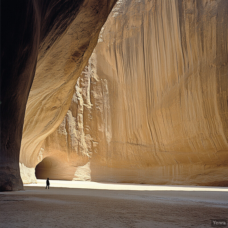 A vast, sandy cavern with a towering rock wall and an opening in the center of the left wall.