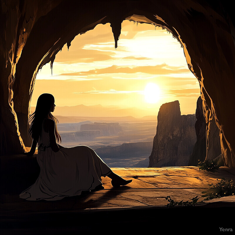 A woman sits in a cave, gazing at a breathtaking sunset over a desert landscape.