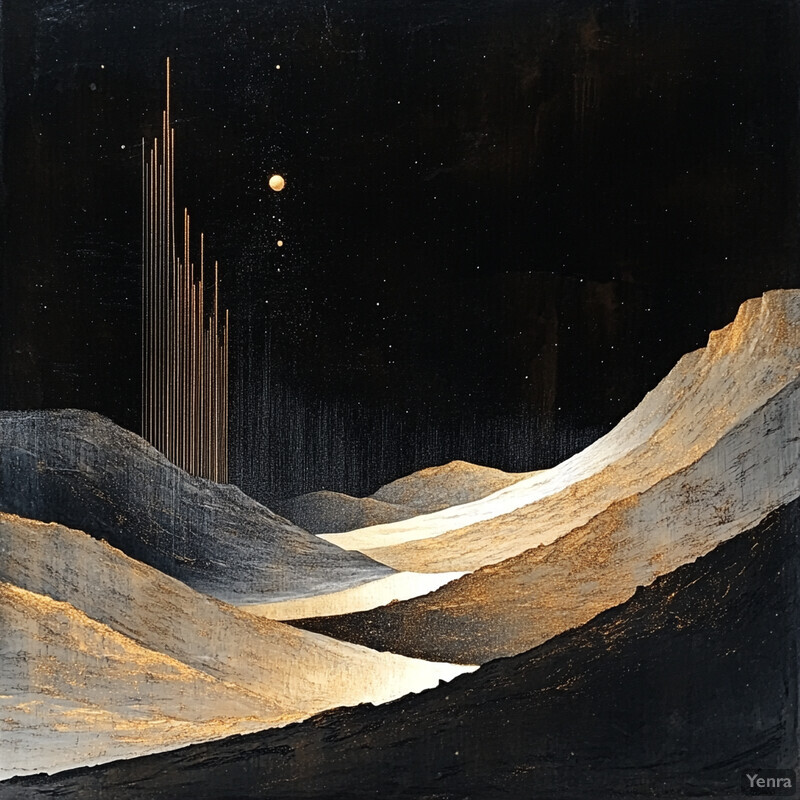 Abstract painting of mountains under a starry night sky