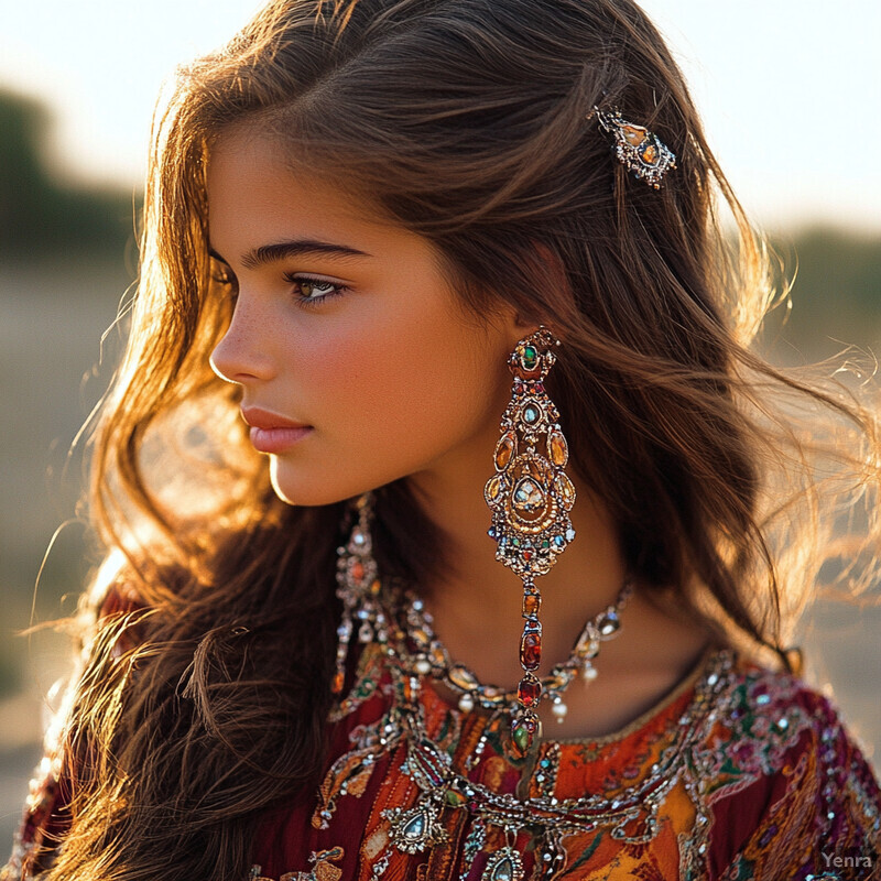 A young woman with long brown hair and a vibrant dress stands in front of a blurred background, exuding elegance and sophistication.