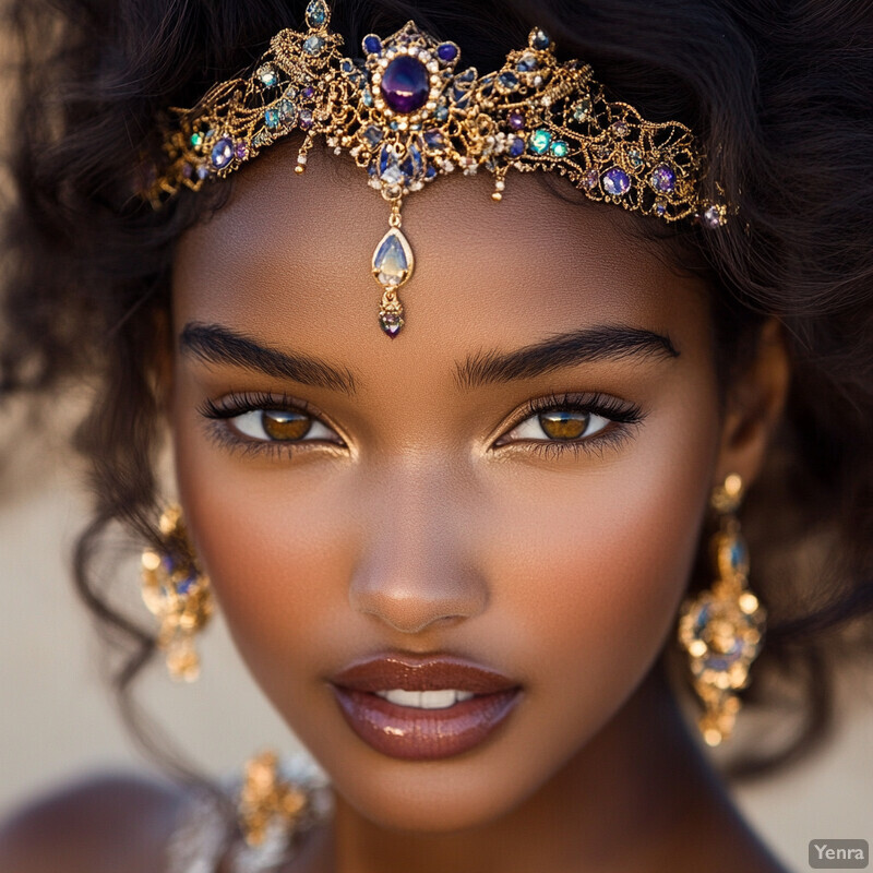 A close-up portrait of an African American woman adorned with elaborate jewelry and makeup, exuding luxury and sophistication.