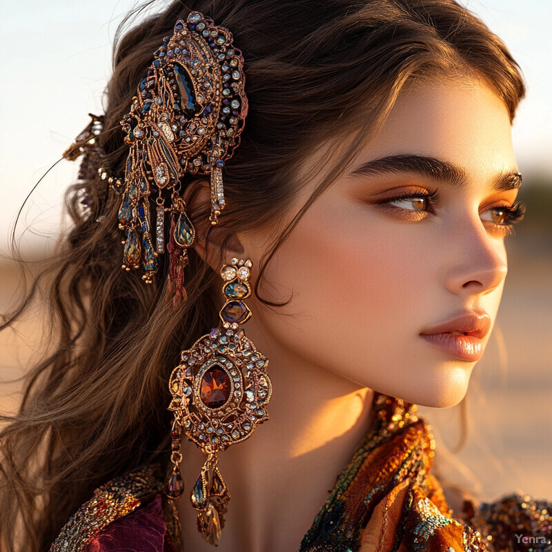 A woman with long brown hair and an intricate gold earring gazes downward, wearing a vibrant red dress or shawl adorned with sequins and beads. The image exudes elegance and refinement, suggesting a high-end fashion editorial or luxurious product advertisement.