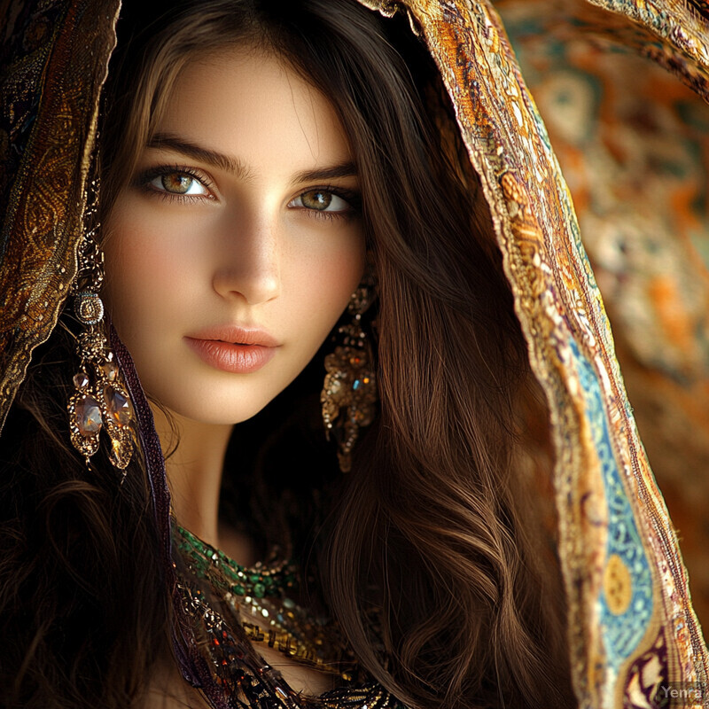 A serene portrait of a woman in traditional attire, evoking an Arabian Nights atmosphere