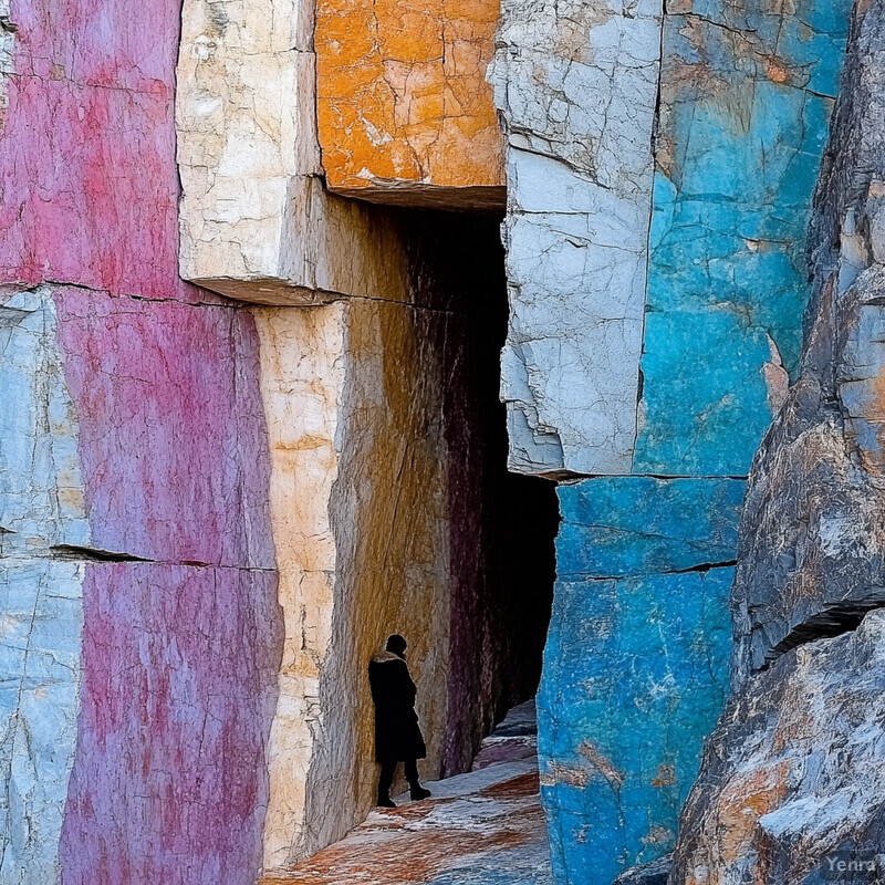 A person stands in front of a large opening within a colorful rock formation.