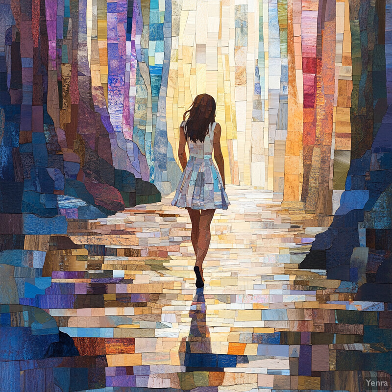 A woman walks through a colorful, abstract landscape.