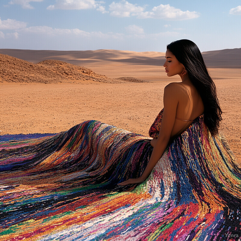 An Asian woman sits on a colorful rug in the middle of a desert