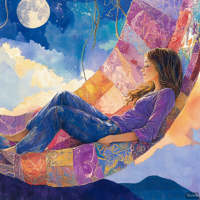 A woman reclines on a colorful quilted blanket under the moonlit sky, surrounded by majestic mountains.