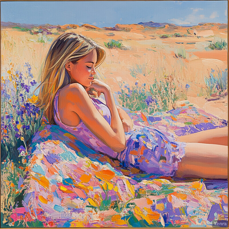 Oil painting of a woman in a desert landscape