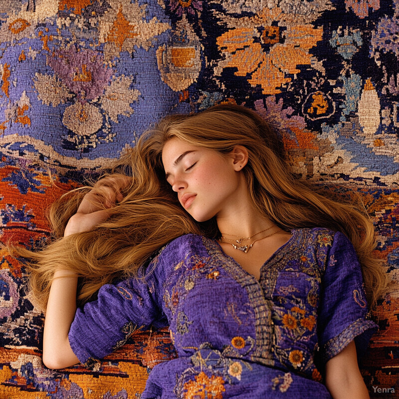 A young woman reclines on a colorful rug surrounded by decorative objects