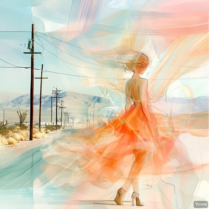 A woman stands alone on a desert road, surrounded by power lines and poles, set against a blue sky with mountains in the distance.