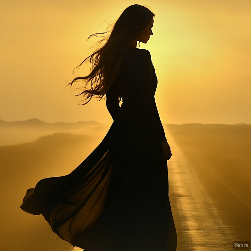 A woman stands on a road or path, surrounded by hills and mountains in the distance, with a flowing black dress and long hair blowing in the breeze.